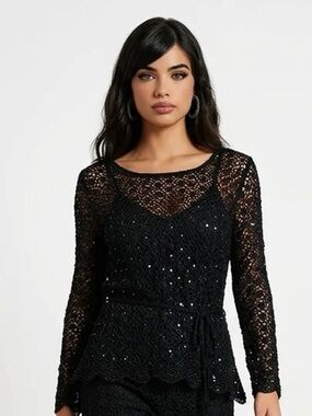 Chic Black Crochet Women's Long Sleeve Top | Y2K | Vintage Style | Large